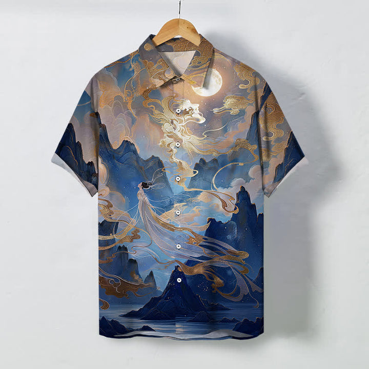 Buddha Stones Chemise à manches courtes pour homme, à boutons et motif nuage de lune de montagne brumeuse, infroissable - Bleu nuit - US/UK/AU48，EU58 (4XL) - image 7