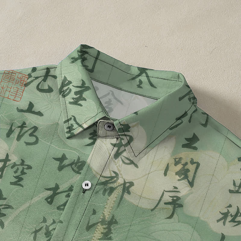 Buddha Stones Chemise à manches courtes respirante pour homme avec boutons à motif de paysage calligraphié chinois - image 2
