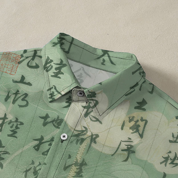 Buddha Stones Chemise à manches courtes respirante pour homme avec boutons à motif de paysage calligraphié chinois - image 2
