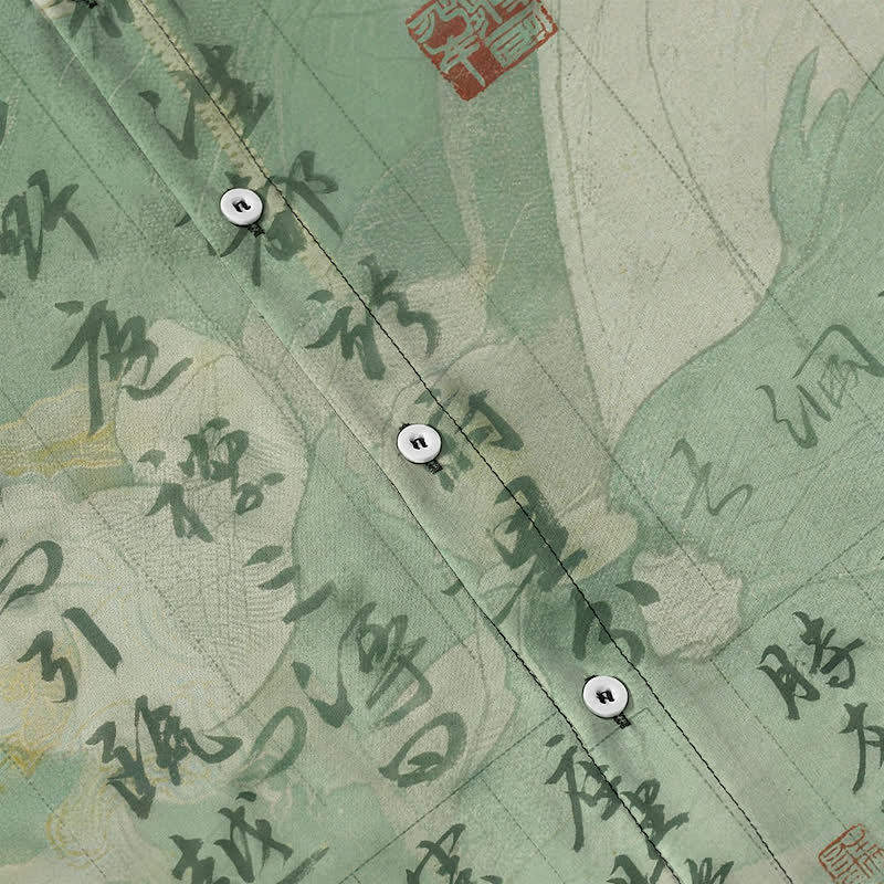 Buddha Stones Chemise à manches courtes respirante pour homme avec boutons à motif de paysage calligraphié chinois - image 3