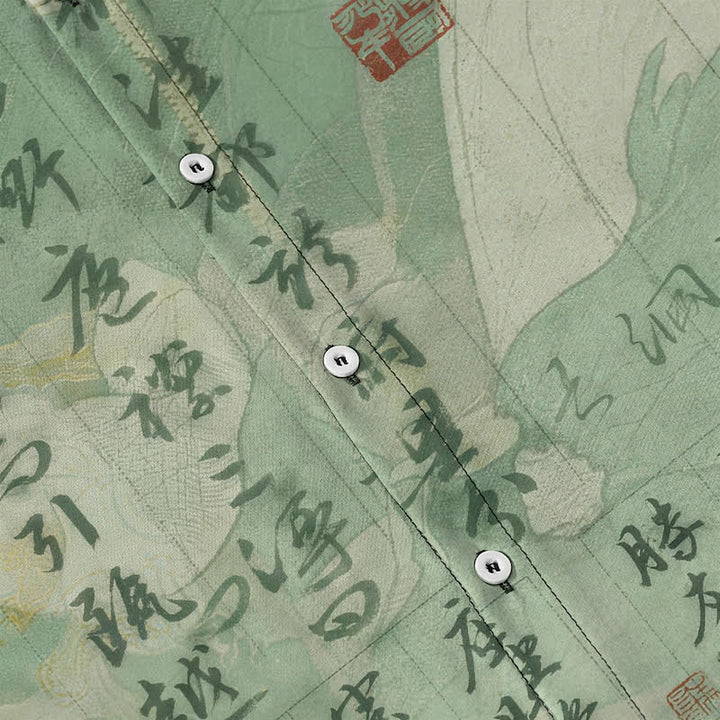 Buddha Stones Chemise à manches courtes respirante pour homme avec boutons à motif de paysage calligraphié chinois - image 3