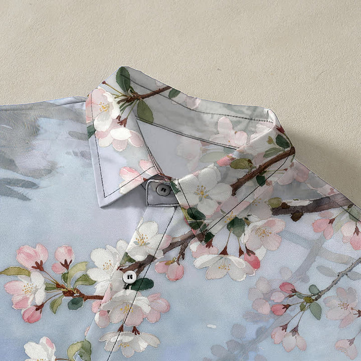 Buddha Stones Chemise à manches courtes pour homme, motif chat en fleurs de cerisier au bord de l'eau, boutons infroissables - image 2