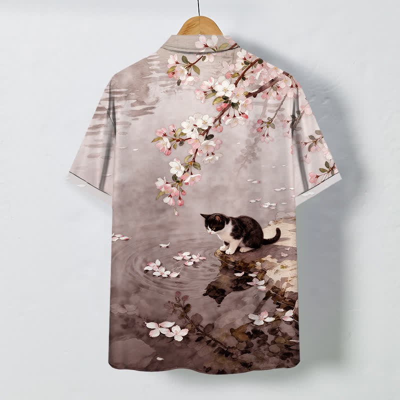 Buddha Stones Chemise à manches courtes pour homme, motif chat en fleurs de cerisier au bord de l'eau, boutons infroissables - image 6