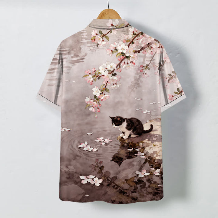 Buddha Stones Chemise à manches courtes pour homme, motif chat en fleurs de cerisier au bord de l'eau, boutons infroissables - image 6