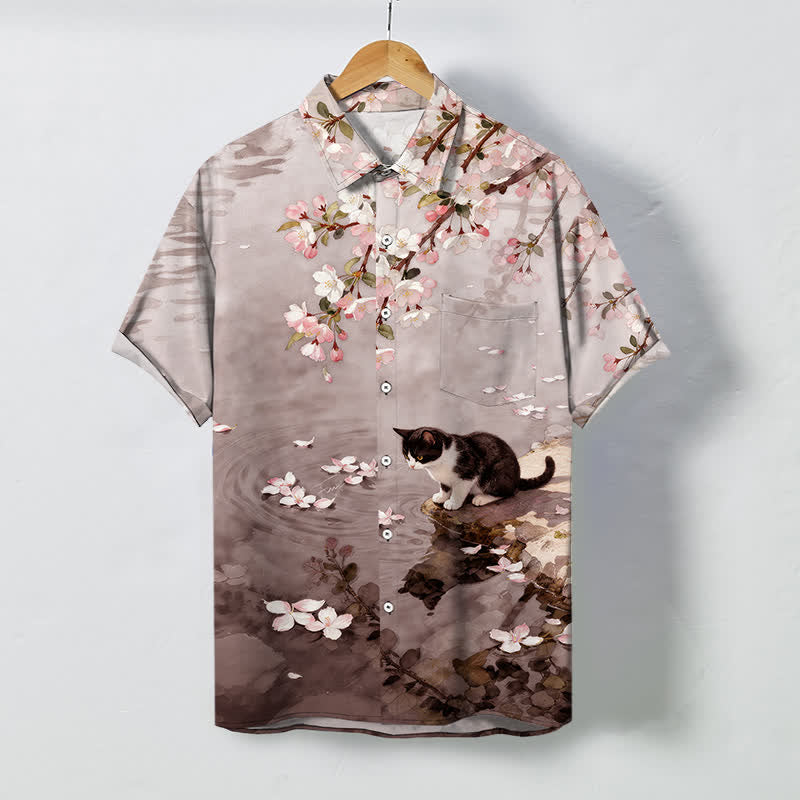 Buddha Stones Chemise à manches courtes pour homme, motif chat en fleurs de cerisier au bord de l'eau, boutons infroissables - BurlyWood - US/UK/AU48，EU58 (4XL) - image 5