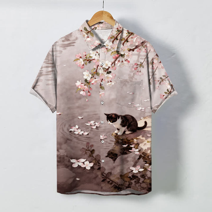 Buddha Stones Chemise à manches courtes pour homme, motif chat en fleurs de cerisier au bord de l'eau, boutons infroissables - BurlyWood - US/UK/AU48，EU58 (4XL) - image 5