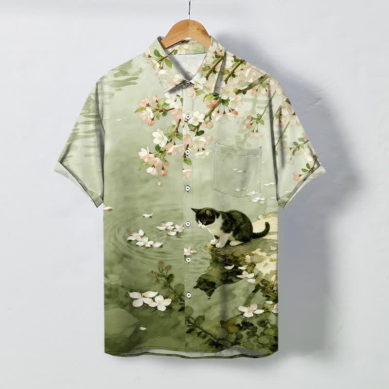 Buddha Stones Chemise à manches courtes pour homme, motif chat en fleurs de cerisier au bord de l'eau, boutons infroissables - Vert pâle - US/UK/AU48，EU58 (4XL) - image 7