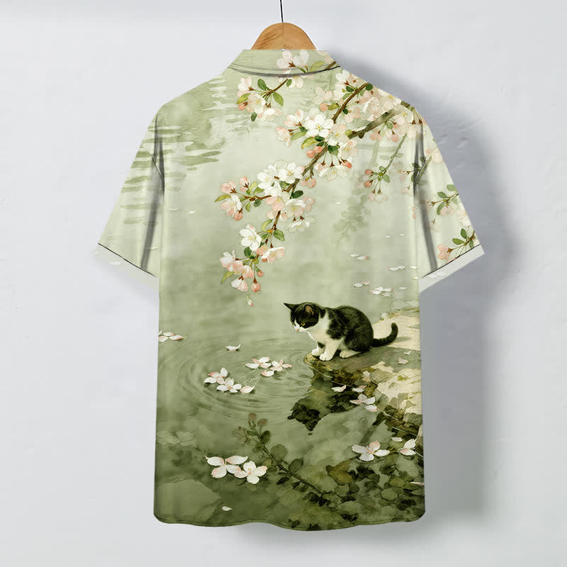 Buddha Stones Chemise à manches courtes pour homme, motif chat en fleurs de cerisier au bord de l'eau, boutons infroissables - image 8