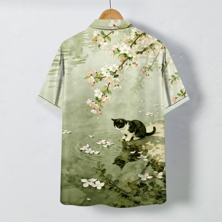 Buddha Stones Chemise à manches courtes pour homme, motif chat en fleurs de cerisier au bord de l'eau, boutons infroissables - image 8