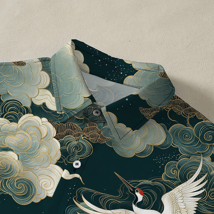 Buddha Stones Chemise à manches courtes respirante pour homme, ornée de boutons à motif de vagues, de nuages ​​blancs et dorés et de grues à couronne rouge - image 2