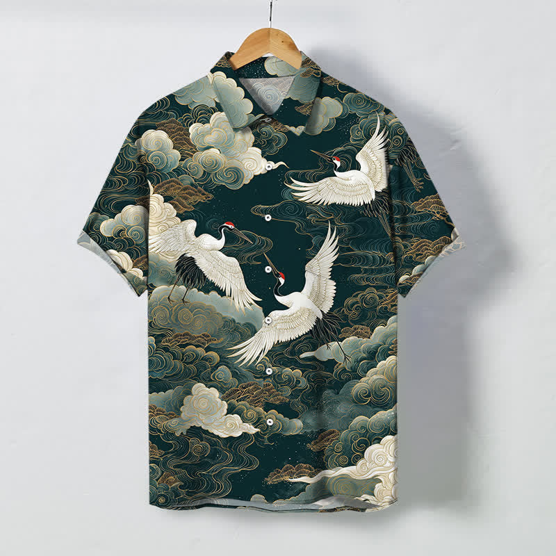 Buddha Stones Chemise à manches courtes respirante pour homme, ornée de boutons à motif de vagues, de nuages ​​blancs et dorés et de grues à couronne rouge - Vert d'eau - US/UK/AU48，EU58 (4XL) - image 0