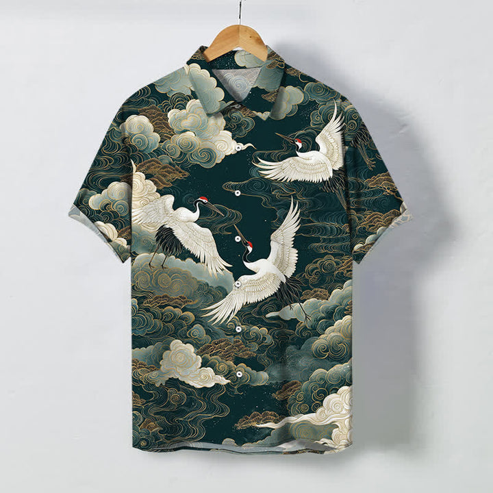 Buddha Stones Chemise à manches courtes respirante pour homme, ornée de boutons à motif de vagues, de nuages ​​blancs et dorés et de grues à couronne rouge - Vert d'eau - US/UK/AU48，EU58 (4XL) - image 0