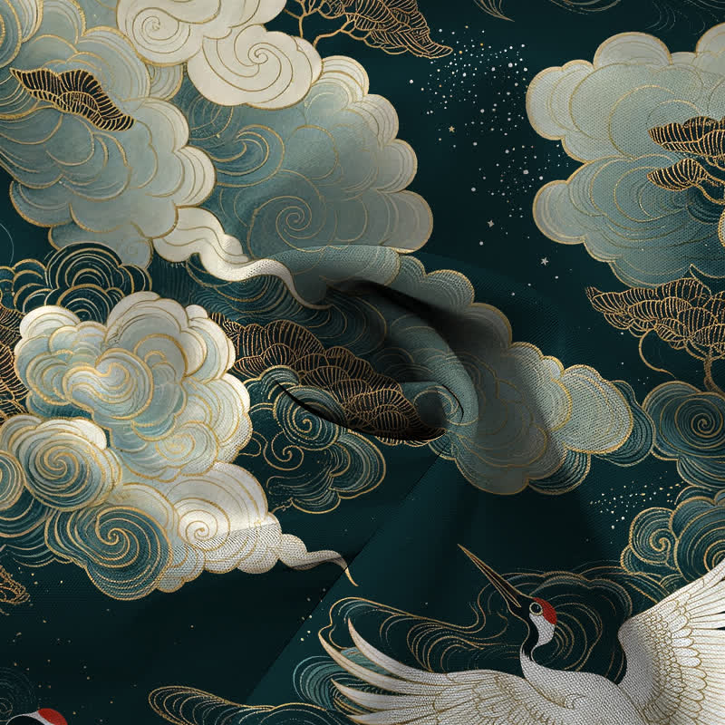 Buddha Stones Chemise à manches courtes respirante pour homme, ornée de boutons à motif de vagues, de nuages ​​blancs et dorés et de grues à couronne rouge - image 4