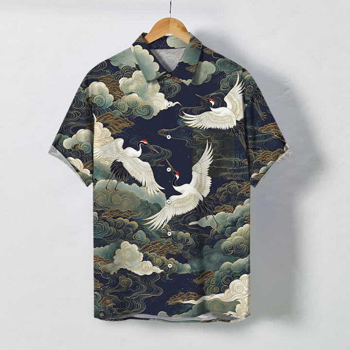 Buddha Stones Chemise à manches courtes respirante pour homme, ornée de boutons à motif de vagues, de nuages ​​blancs et dorés et de grues à couronne rouge - Noir - US/UK/AU48，EU58 (4XL) - image 5