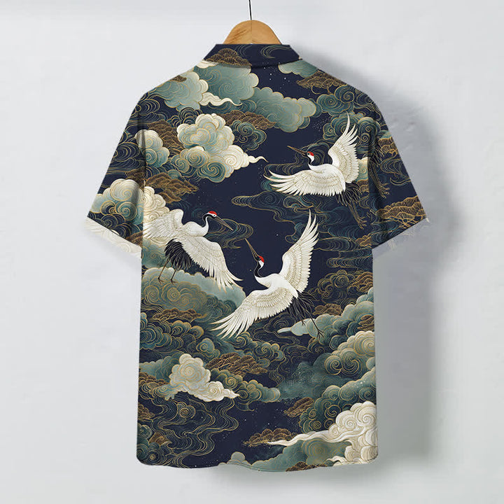 Buddha Stones Chemise à manches courtes respirante pour homme, ornée de boutons à motif de vagues, de nuages ​​blancs et dorés et de grues à couronne rouge - image 6