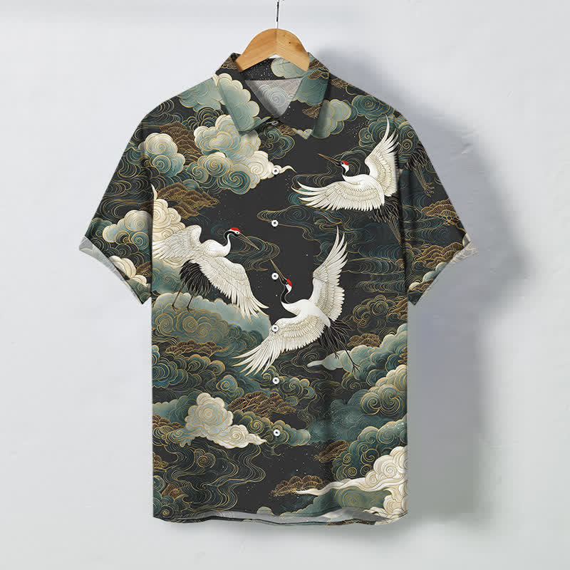 Buddha Stones Chemise à manches courtes respirante pour homme, ornée de boutons à motif de vagues, de nuages ​​blancs et dorés et de grues à couronne rouge - Vert olive foncé - US/UK/AU48，EU58 (4XL) - image 7