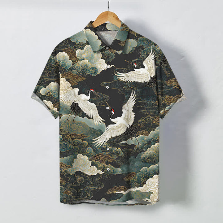 Buddha Stones Chemise à manches courtes respirante pour homme, ornée de boutons à motif de vagues, de nuages ​​blancs et dorés et de grues à couronne rouge - Vert olive foncé - US/UK/AU48，EU58 (4XL) - image 7