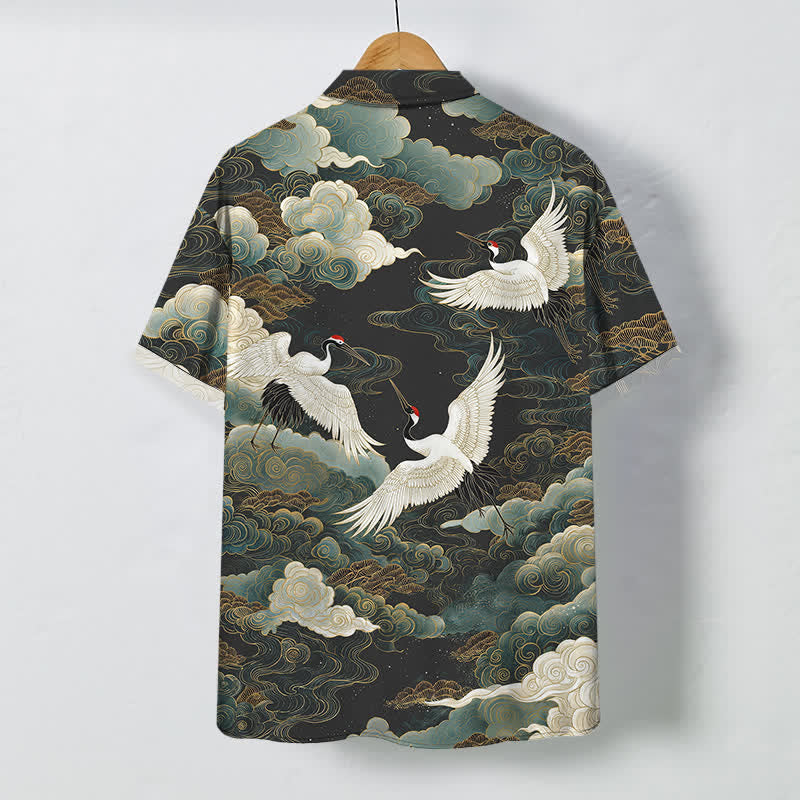 Buddha Stones Chemise à manches courtes respirante pour homme, ornée de boutons à motif de vagues, de nuages ​​blancs et dorés et de grues à couronne rouge - image 8