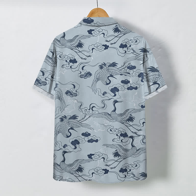 Buddha Stones Chemise à manches courtes respirante pour homme, à boutons et motif de vagues et de grues - image 1