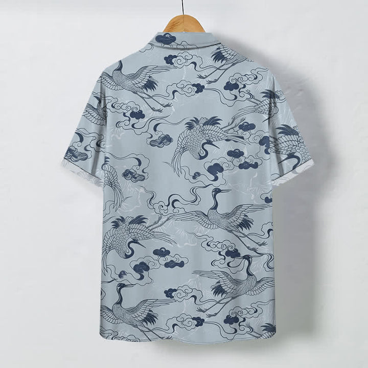 Buddha Stones Chemise à manches courtes respirante pour homme, à boutons et motif de vagues et de grues - image 1