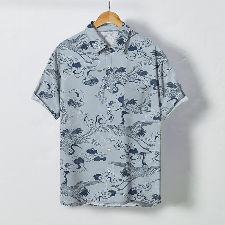 Buddha Stones Chemise à manches courtes respirante pour homme, à boutons et motif de vagues et de grues - Bleu acier clair - US/UK/AU48，EU58 (4XL) - image 0