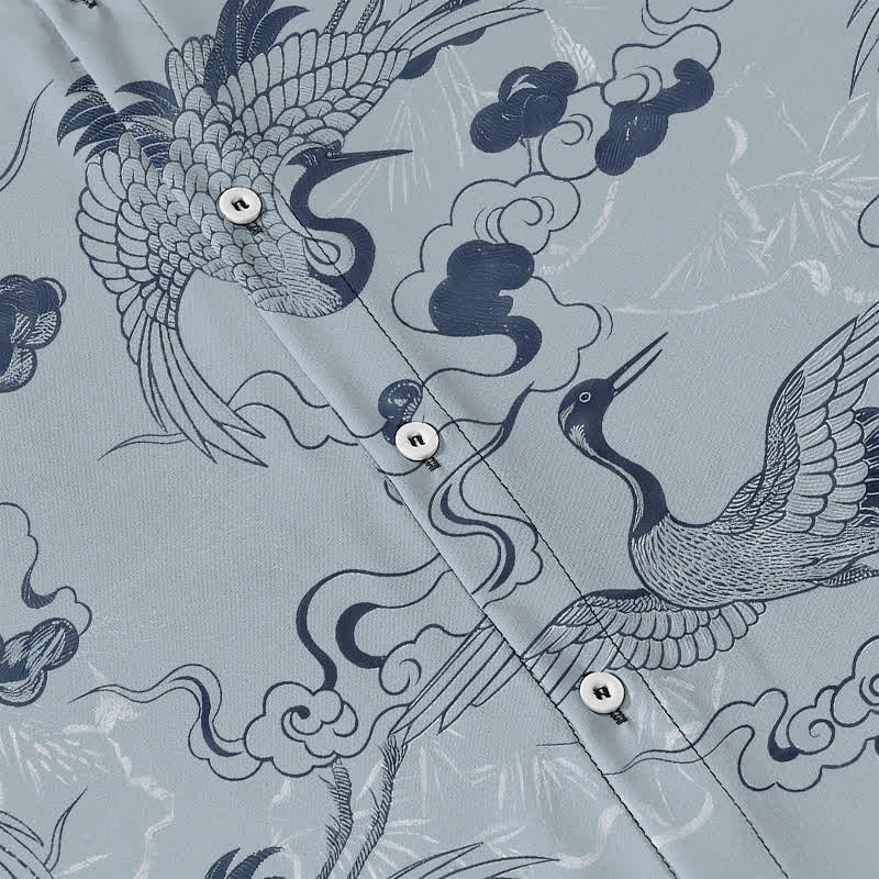 Buddha Stones Chemise à manches courtes respirante pour homme, à boutons et motif de vagues et de grues - image 3