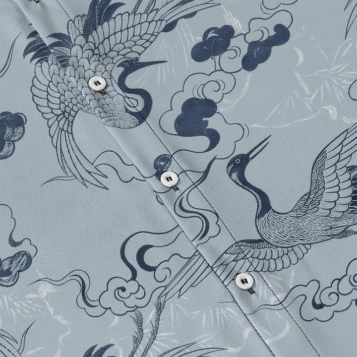 Buddha Stones Chemise à manches courtes respirante pour homme, à boutons et motif de vagues et de grues - image 3