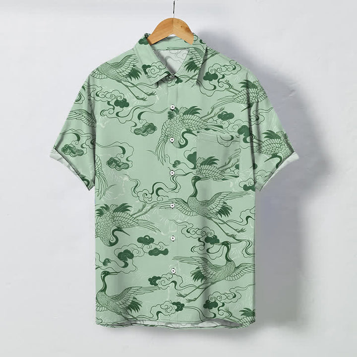 Buddha Stones Chemise à manches courtes respirante pour homme, à boutons et motif de vagues et de grues - Vert pâle - US/UK/AU48，EU58 (4XL) - image 5