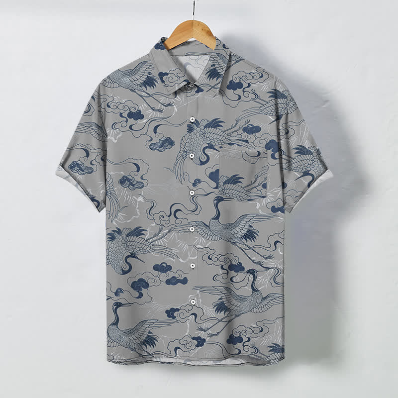 Buddha Stones Chemise à manches courtes respirante pour homme, à boutons et motif de vagues et de grues - Gris clair - US/UK/AU48，EU58 (4XL) - image 7
