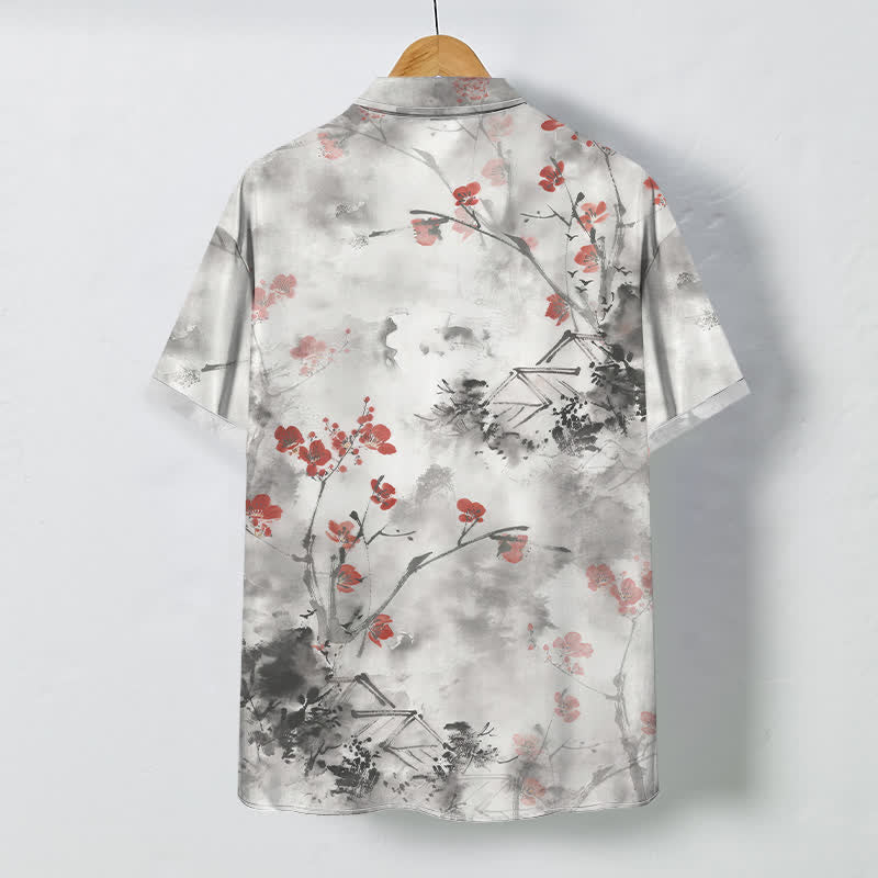 Buddha Stones Chemise à manches courtes respirante pour homme, à boutons et motif floral rouge encre sur branches fleuries. - image 1