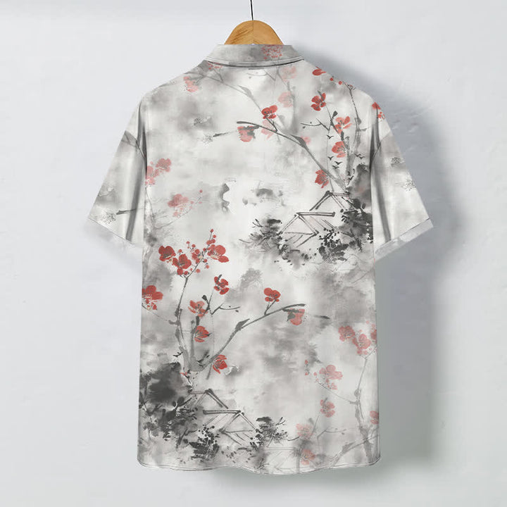 Buddha Stones Chemise à manches courtes respirante pour homme, à boutons et motif floral rouge encre sur branches fleuries. - image 1