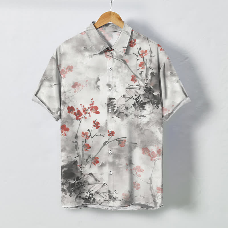 Buddha Stones Chemise à manches courtes respirante pour homme, à boutons et motif floral rouge encre sur branches fleuries. - WhiteSmoke - US/UK/AU48，EU58 (4XL) - image 0
