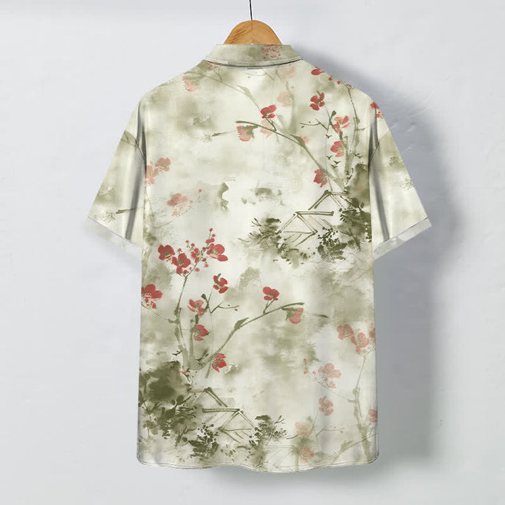 Buddha Stones Chemise à manches courtes respirante pour homme, à boutons et motif floral rouge encre sur branches fleuries. - image 4