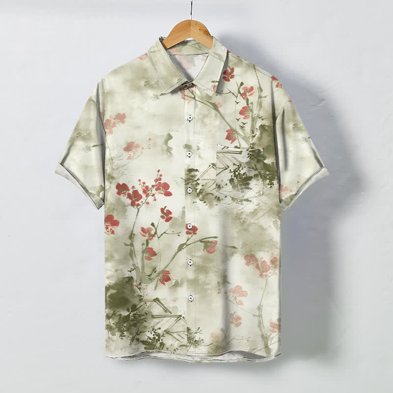 Buddha Stones Chemise à manches courtes respirante pour homme, à boutons et motif floral rouge encre sur branches fleuries. - Beige - US/UK/AU48，EU58 (4XL) - image 3