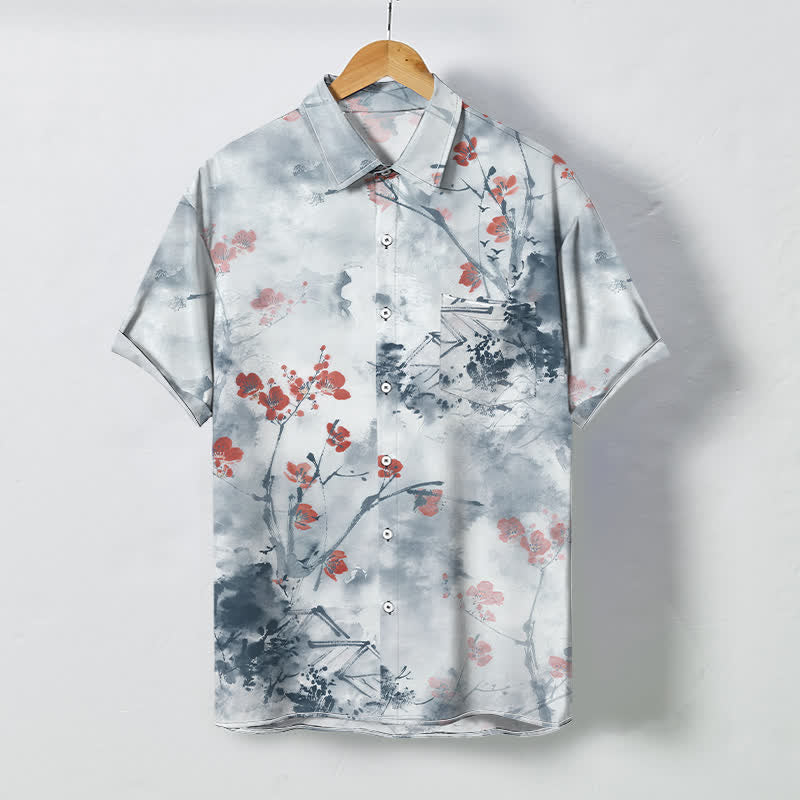 Buddha Stones Chemise à manches courtes respirante pour homme, à boutons et motif floral rouge encre sur branches fleuries. - Bleu poudré - US/UK/AU48，EU58 (4XL) - image 5