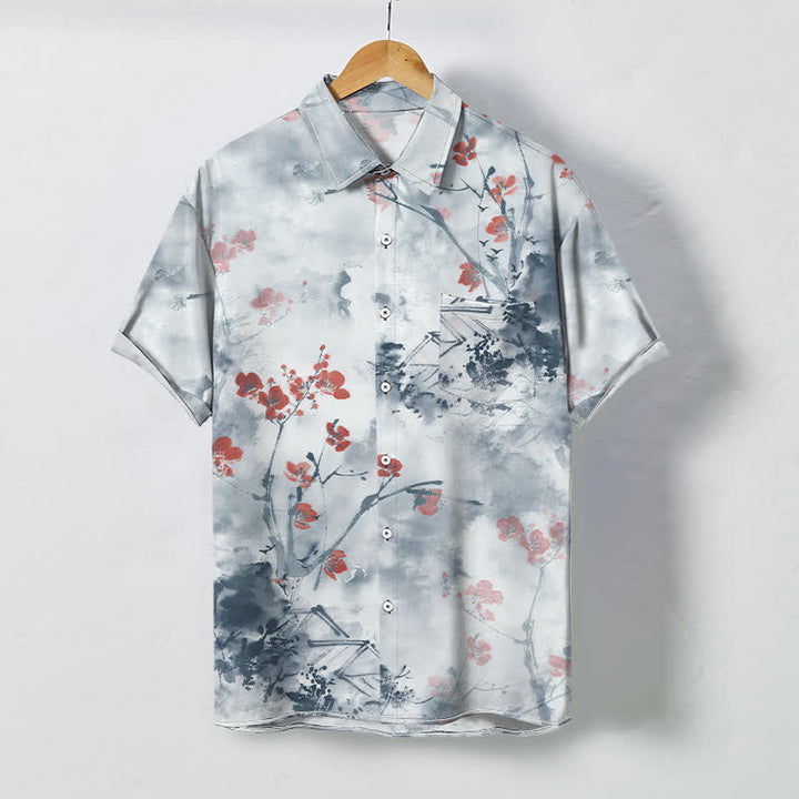 Buddha Stones Chemise à manches courtes respirante pour homme, à boutons et motif floral rouge encre sur branches fleuries. - Bleu poudré - US/UK/AU48，EU58 (4XL) - image 5