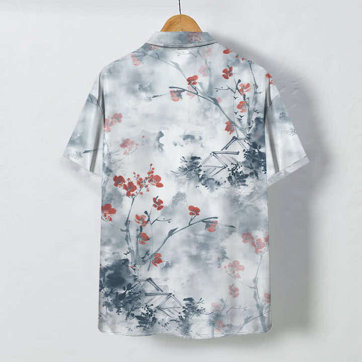 Buddha Stones Chemise à manches courtes respirante pour homme, à boutons et motif floral rouge encre sur branches fleuries. - image 6