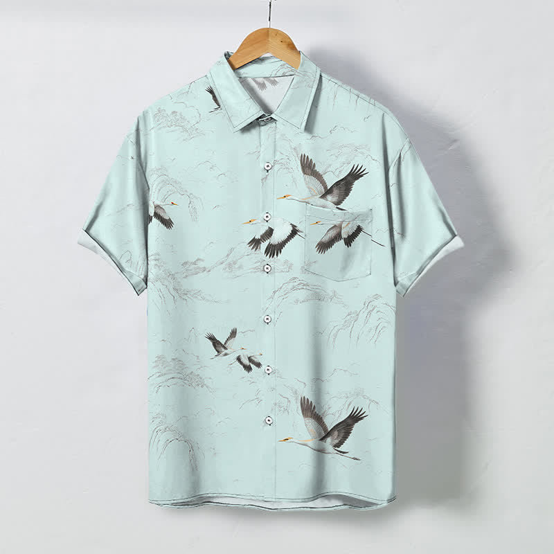 Buddha Stones Chemise à manches courtes respirante pour homme, motif grues et chaînes de montagnes, avec boutons. - Cyan clair - US/UK/AU48，EU58 (4XL) - image 5