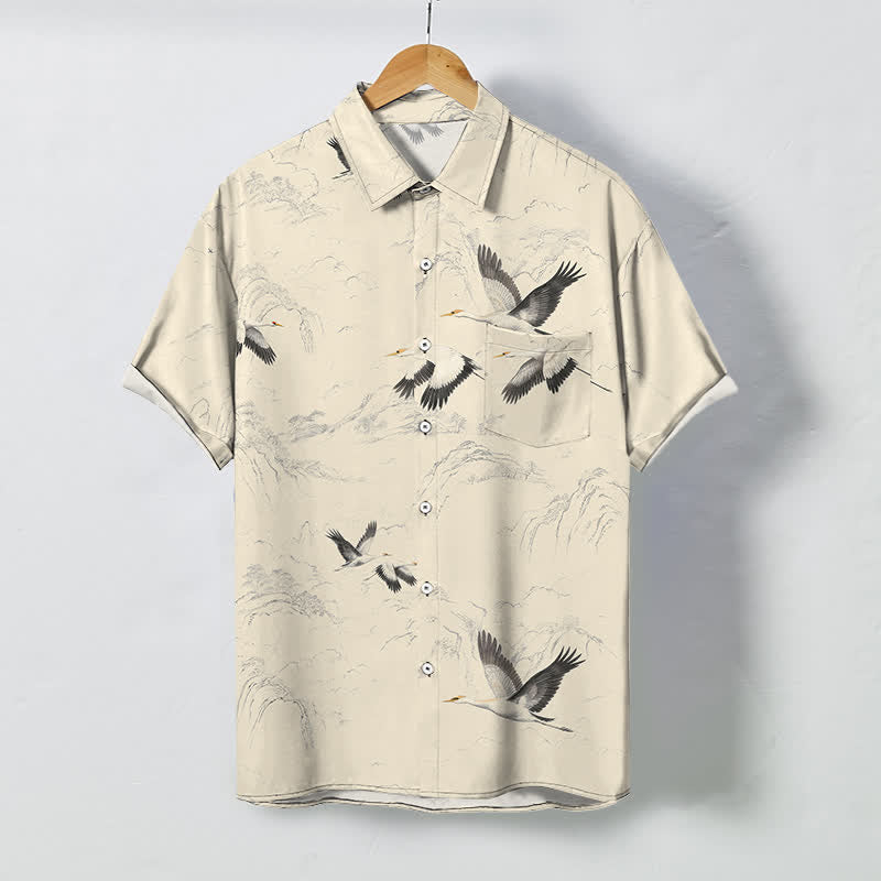 Buddha Stones Chemise à manches courtes respirante pour homme, motif grues et chaînes de montagnes, avec boutons. - Beige - US/UK/AU48，EU58 (4XL) - image 7