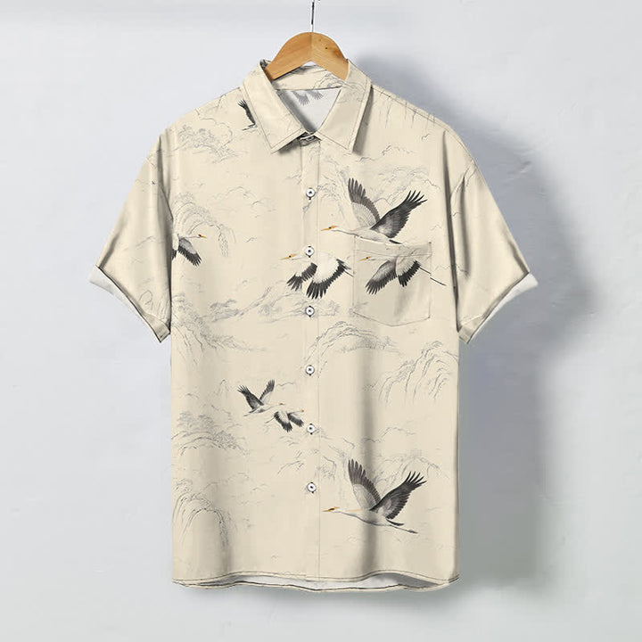 Buddha Stones Chemise à manches courtes respirante pour homme, motif grues et chaînes de montagnes, avec boutons. - Beige - US/UK/AU48，EU58 (4XL) - image 7