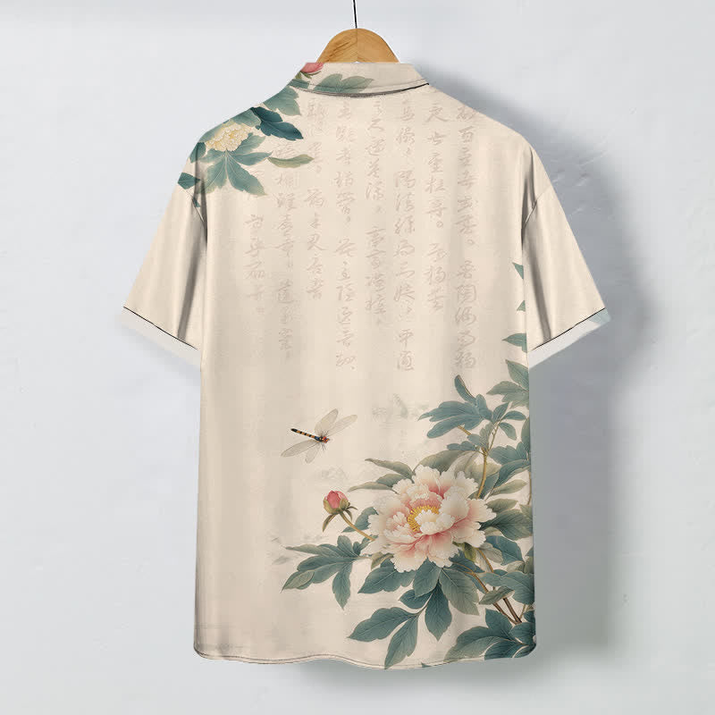 Buddha Stones Chemise à manches courtes respirante pour homme, à boutons et motif pivoine rose et libellule - image 1