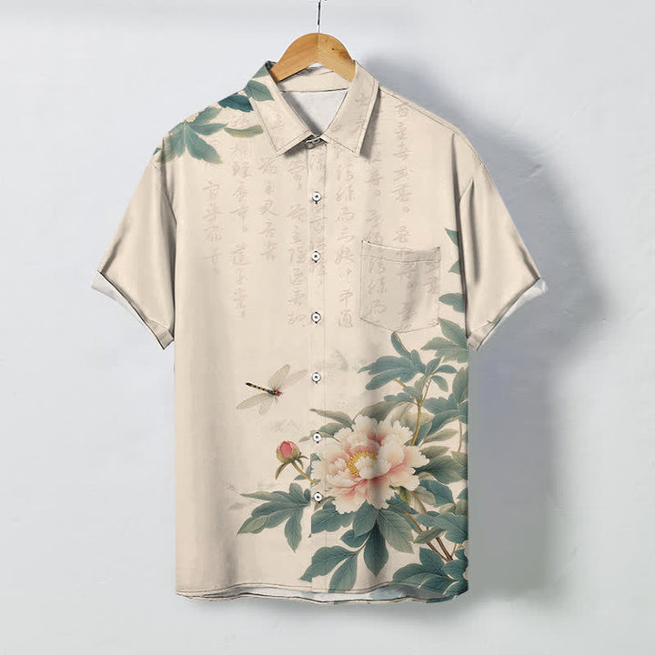 Buddha Stones Chemise à manches courtes respirante pour homme, à boutons et motif pivoine rose et libellule - Beige - US/UK/AU48，EU58 (4XL) - image 0