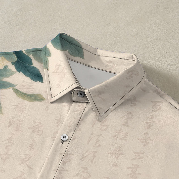 Buddha Stones Chemise à manches courtes respirante pour homme, à boutons et motif pivoine rose et libellule - image 2