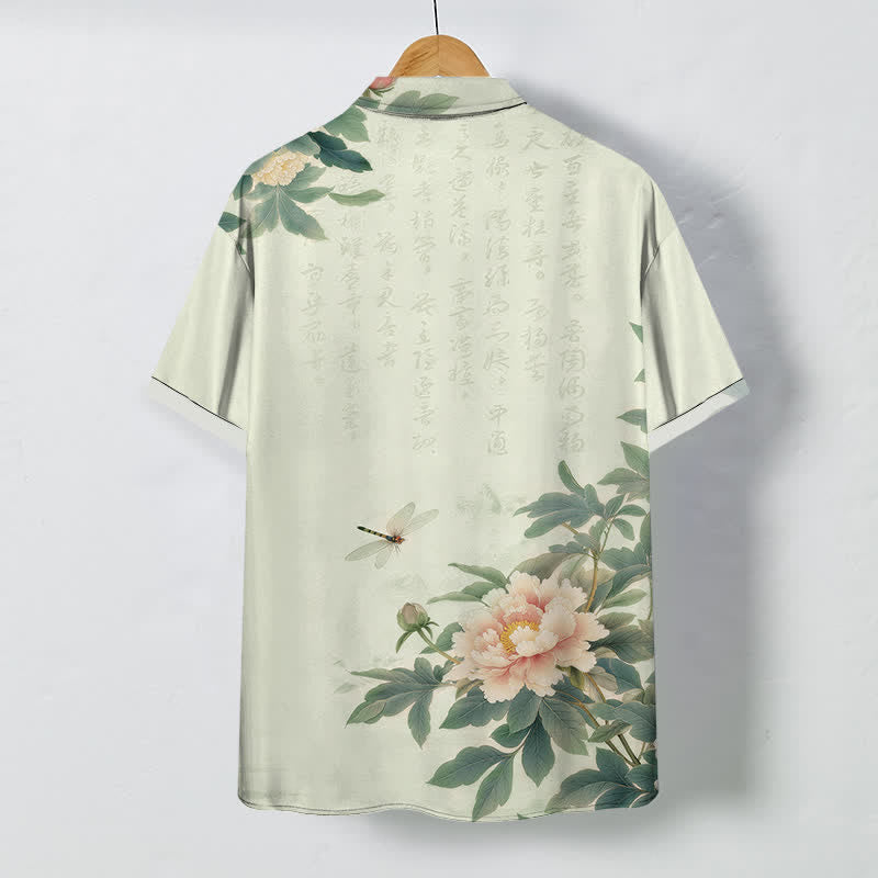 Buddha Stones Chemise à manches courtes respirante pour homme, à boutons et motif pivoine rose et libellule - image 6