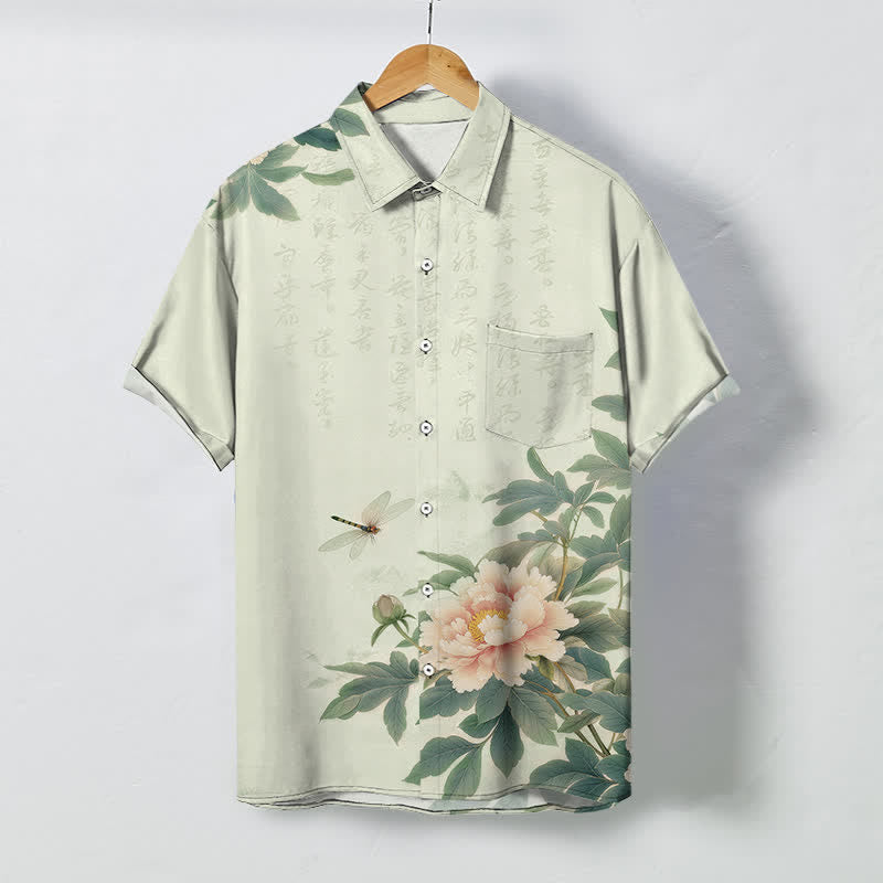 Buddha Stones Chemise à manches courtes respirante pour homme, à boutons et motif pivoine rose et libellule - Melon miellat - US/UK/AU48，EU58 (4XL) - image 5