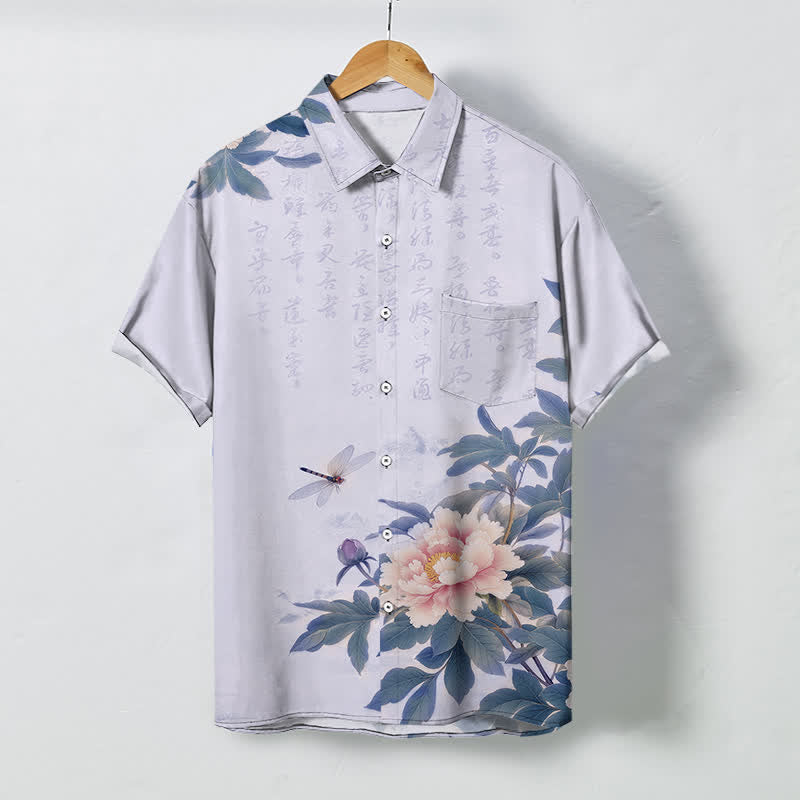 Buddha Stones Chemise à manches courtes respirante pour homme, à boutons et motif pivoine rose et libellule - Lavande - US/UK/AU48，EU58 (4XL) - image 7