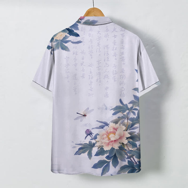 Buddha Stones Chemise à manches courtes respirante pour homme, à boutons et motif pivoine rose et libellule - image 8
