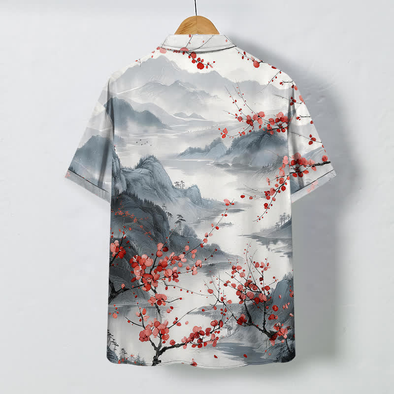 Buddha Stones Chemise à manches courtes respirante pour homme, motif de montagnes en fleurs rouges et d'encre, avec boutons. - image 1