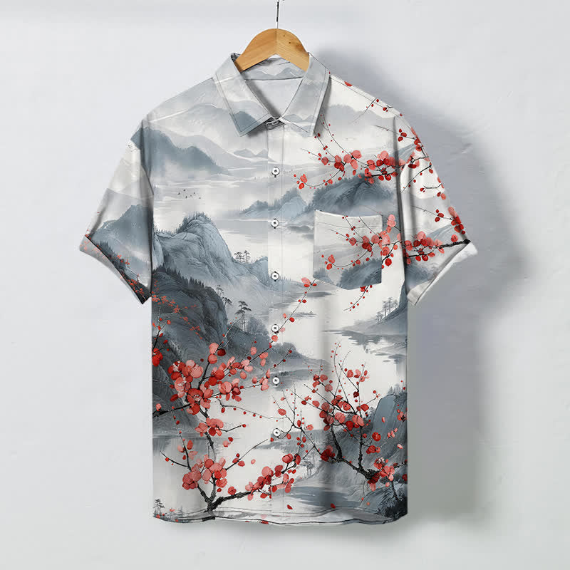 Buddha Stones Chemise à manches courtes respirante pour homme, motif de montagnes en fleurs rouges et d'encre, avec boutons. - Gris clair - US/UK/AU48，EU58 (4XL) - image 0