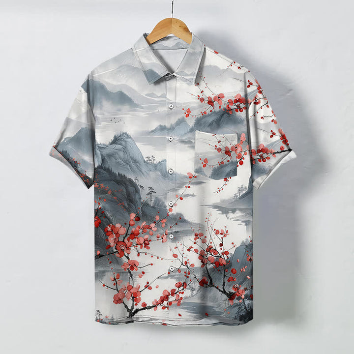 Buddha Stones Chemise à manches courtes respirante pour homme, motif de montagnes en fleurs rouges et d'encre, avec boutons. - Gris clair - US/UK/AU48，EU58 (4XL) - image 0